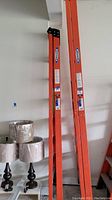 Side view of two orange fiberglass Werner ladders showing labels and overall ladder condition