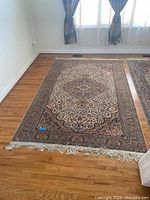 Full view of rectangular rug laid flat on hardwood floor showing overall pattern and fringe.