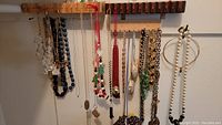 Photo showing a variety of hanging necklaces including large beads, strands with pendants, and hoop earrings with pearls.