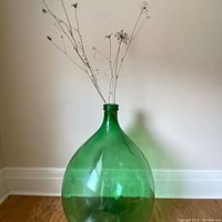 Front view of the full large green demijohn with dried flowers inside, showing its size and shape.