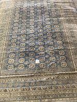 Full top-down view of the blue and neutral patterned area rug showing overall design and condition.