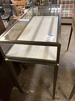 Front view of museum style glass display case showing overall structure and metal legs.