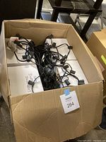 Box containing coiled black outdoor string lighting with multiple bulb sockets and 8 white boxes underneath containing bulbs.