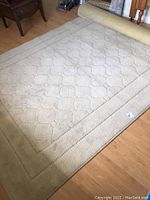 Full view of beige acrylic rug laid out on wooden floor, showing geometric texture pattern and border.