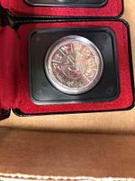 Single Canadian silver dollar coin with detailed symbols, housed in a black square capsule inside a red velvet box.