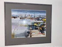 Full view of framed painting showing dock, marsh, boats and buildings