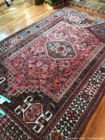 Full view of rug laid flat on hardwood floor showing overall pattern, color, and condition