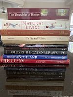 Stack of ten coffee table books with visible titles and varying cover colors