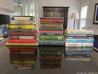 Photo of all 24 hardcover books grouped in three stacks showing varied titles and colorful spines with vintage appearance.