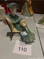 Front-side view showing the seated woman in a green dress with yellow fur cuffs and matching hat holding an umbrella.