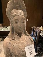 Close-up of statue’s upper torso and face showing serene features and headdress