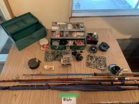 Overview of entire lot showing tackle box, rods, reels and fly boxes