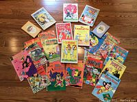 Overview of the 19 items laid out on a wooden floor including Archie comics, Wizard of Oz books, and Winnie the Pooh books with colorful illustrations on the covers