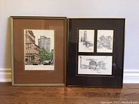 Two framed art pieces side by side showing one single print and one triple print setup, hardwood floor background