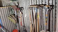 Wide shot showing multiple wooden handled garden tools including rakes, shovels, fork, axe hung against corrugated metal wall