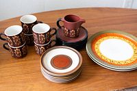 Photo of entire lot including 4 cups, 6 side plates, 6 large plates, and 1 creamer pitcher arranged on table