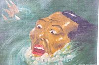 Close-up of the face of a man in the painting, showing detailed brushwork and expression of distress in green watery background.