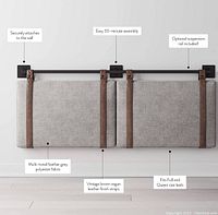 Headboard displayed showing multi-tonal grey polyester fabric, vintage brown vegan leather straps, and suspension rail with attachment points.