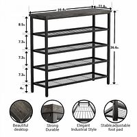Diagram image showing dimensions and features of the Topfurny metal shoe rack with wood tabletop and five wire grid shelves.