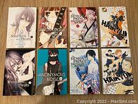 Front covers of eight manga books including Shuriken and Pleats Volumes 1 and 2; Anonymous Noise Volumes 1 and 2; The Demon Prince of Momochi House Volumes 1 and 2; Haikyu!! Volumes 1 and 2