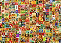 Close-up image of the completed puzzle showing detailed vintage matchbox artwork in bright, vivid colors with a random cut pattern.