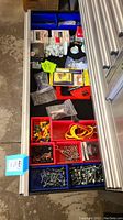 Top view of drawer showing organized bins with screws, bolts, nuts, wire connectors, hooks, and other hardware.