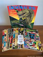 Photo of all items stacked showing dinosaur book behind several vintage Superman comic books.