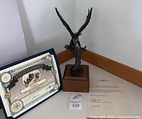 Full view of bronze eagle on wood base with certificate of authenticity displayed