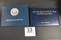 Two boxed sets: Presidential Type Set and 1909 Lincoln V.D.B. Penny and Anniversary Stamp set by PCS Stamps & Coins