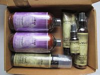 Photo of two 16 oz WEN Lavender Cleansing Conditioner bottles and three smaller Sweet Almond Mint products inside a box.