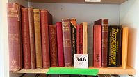 Photo showing a row of vintage technical and reference books with red, brown, and orange spines including 'Davis Textbook of Mineralogy' and others.