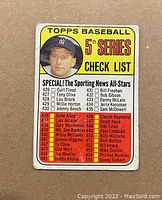 Front side of 1969 Topps Baseball 5th Series Checklist card with player listings including Mickey Mantle, Bobby Doerr, and others.