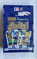 Front view of the sealed 1992 OPC Premier Baseball Card box showing branding, year, and images of player cards on the cover.