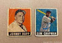 Front and back images of 1948 Leaf Johnny Hopp baseball card #139 showing black-and-white portrait with orange background and player stats.