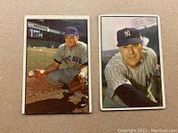 Front view of two 1953 Bowman color baseball cards featuring Vic Raschi and Harry Chiti in portrait-style baseball uniform poses.