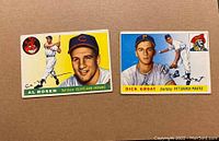 Front side of two 1955 Topps baseball cards showing Al Rosen and Dick Groat with team logos and player portraits.