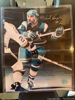 Color photo of a California Seals hockey player signed Richard Hampton #2 in silver ink, in plastic protector.
