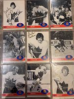 Nine autographed 1972 Team Canada hockey cards arranged in a 3x3 grid in plastic sleeves, showing players in black and white images with gold sharpie signatures.