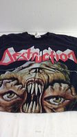 Black Destruction band t-shirt with red logo and monstrous face graphic, small size