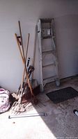 Full lot shot showing aluminum ladder, various rakes, pitchfork, shovels, and edger leaning against wall.