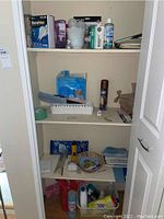 Closet shelves with boxes of light bulbs, puppy training pads, and miscellaneous household items.