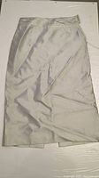 Front full-length photo of the mint green silk blend pencil skirt