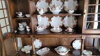 Full view of set in cabinet showing plates, teapot, sugar bowl, creamer, open bowl and platter