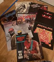 Photo showing eight vinyl album covers spread on floor representing various rock bands including Ted Nugent, Black Sabbath, Nazareth, and Robert Cray Band