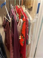 Photo of hanging women's clothing including maroon suede shirt, red floral dress, velvet dress, and other shirts and dresses.