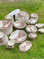 Full display of the Johnson Bros. tea set laid out on grass with multiple plates, bowls, cups, serving dishes.