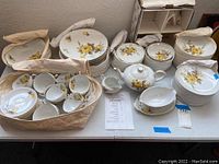 Full view of the yellow rose patterned china set on table, showing plates, cups, bowls, and serving pieces in padded holders.
