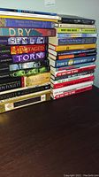 Photo showing various fiction and business books stacked, including titles by Haddix and Shusterman and more.