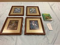 Overview of four framed bird prints and Birds of Florida guide book laid out on table