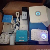 Top-down view of Ring security components arranged in box